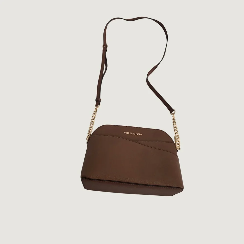 Michael Kors Brown Saffiano Leather Dome Crossbody Bag Gold Hardware